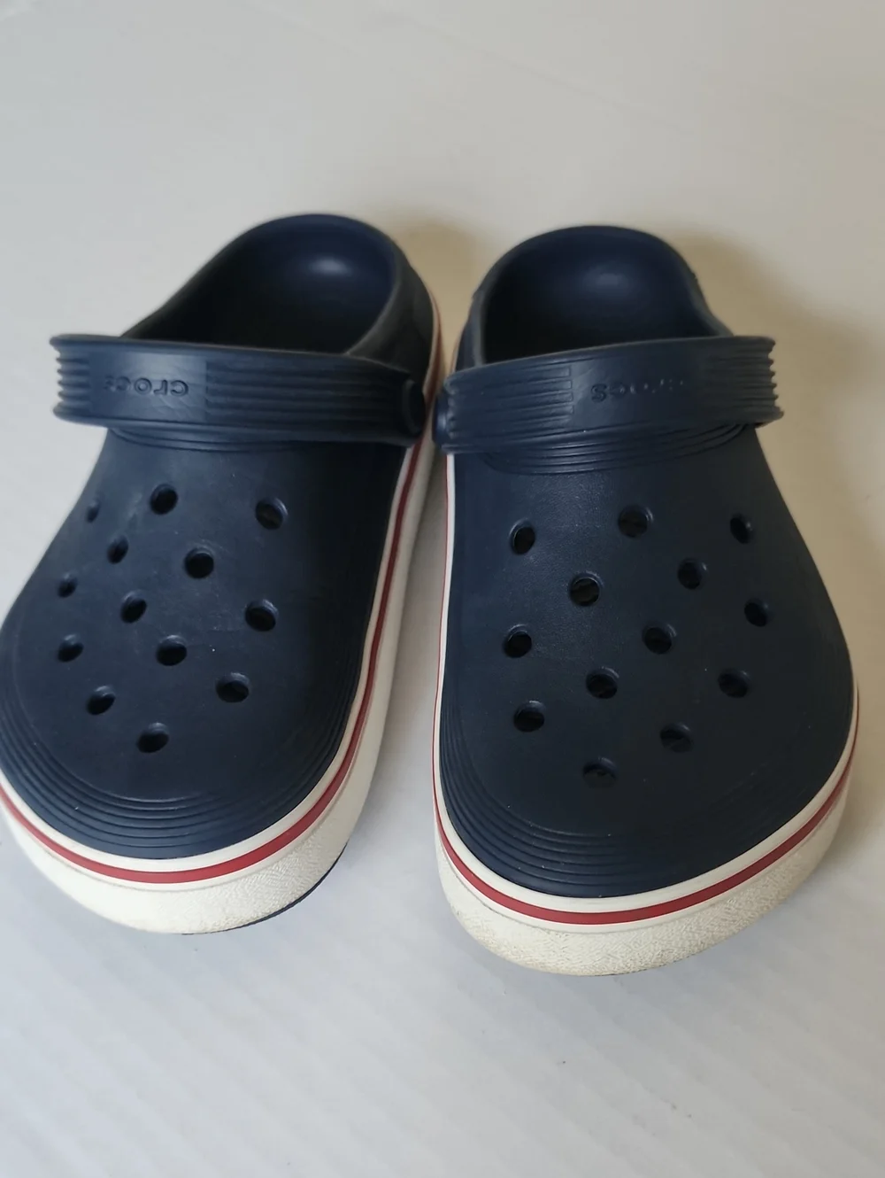 CROCS Kids Navy Clogs with Red and White Trim
